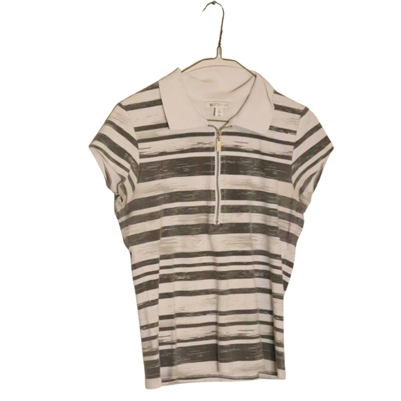 SPANNER WOMENS SIZE LARGE GREY & WHITE STRIPE ZIPPER SHIRT - Picture 2 of 4